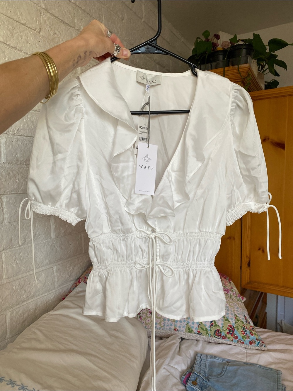 🌼 NWT Wayf Ivory Ruffle Tie-Waist Peplum Blouse XS Nordstrom